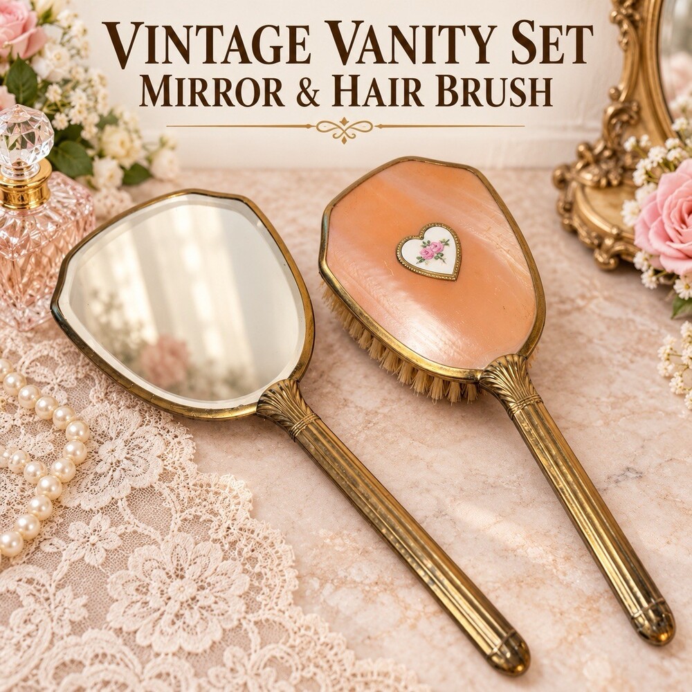 Vintage Peach Vanity Set Hand Mirror Hair Brush Floral Heart Gold Tone